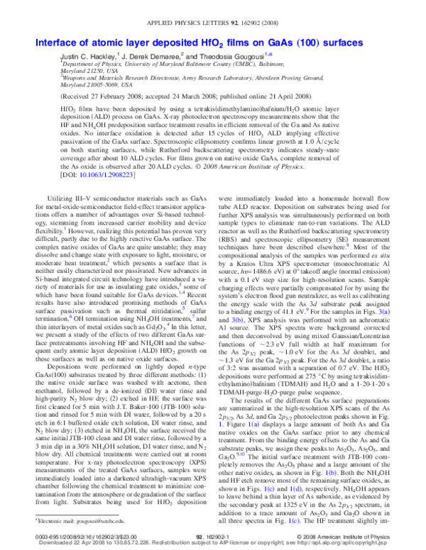 (PDF) Interface of atomic layer deposited HfO[sub 2] films on GaAs (100 ...