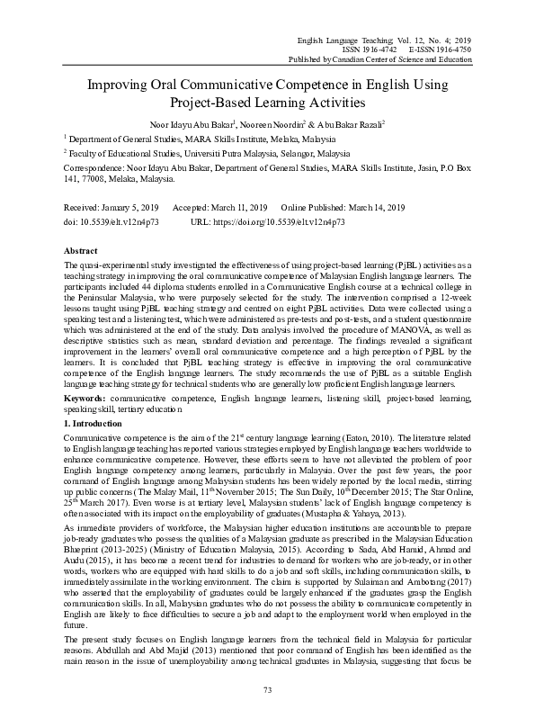 (PDF) Improving Oral Communicative Competence in English Using Project ...