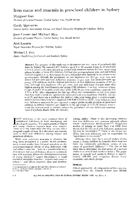 (PDF) Iron status and anaemia in preschool children in Sydney