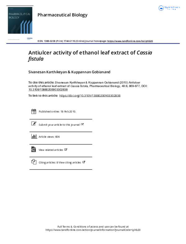 (PDF) Antiulcer activity of ethanol leaf extract of Cassia fistula