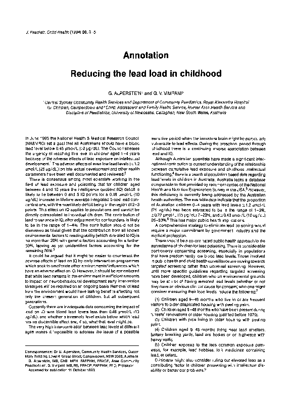 (PDF) Reducing the lead load in childhood