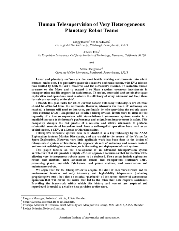 (PDF) Human Telesupervision of Very Heterogeneous Planetary Robot Teams