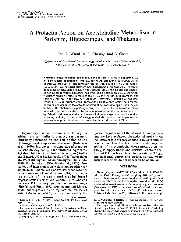 A Prolactin Action on Acetylcholine Metabolism in Striatum, Hippocampus, and Thalamus