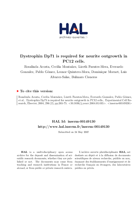 (PDF) Dystrophin Dp71 is required for neurite outgrowth in PC12 cells