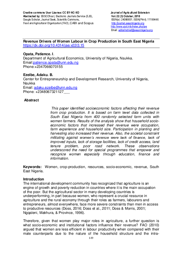 (PDF) Revenue drivers of women labour in crop production in south east ...