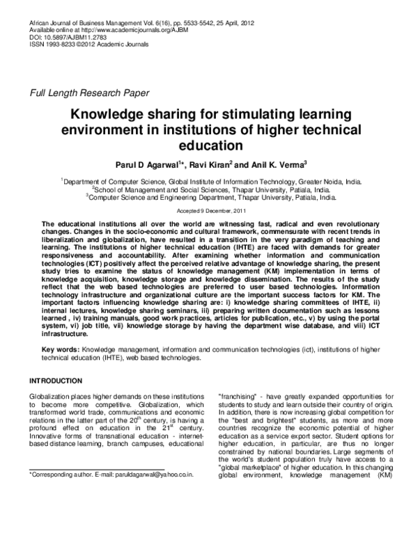 (PDF) Knowledge sharing for stimulating learning environment in ...