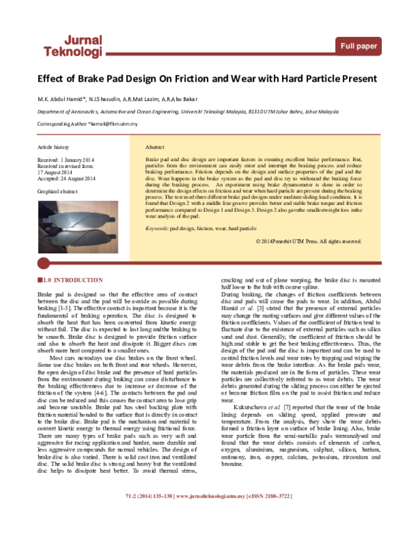(PDF) Effect of Brake Pad Design On Friction and Wear with Hard ...