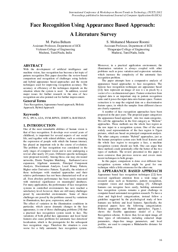 (PDF) Face Recognition Using Appearance Based Approach: A Literature Survey