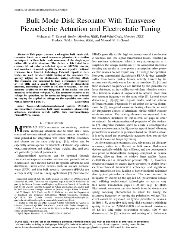 (PDF) Bulk Mode Disk Resonator With Transverse Piezoelectric Actuation ...