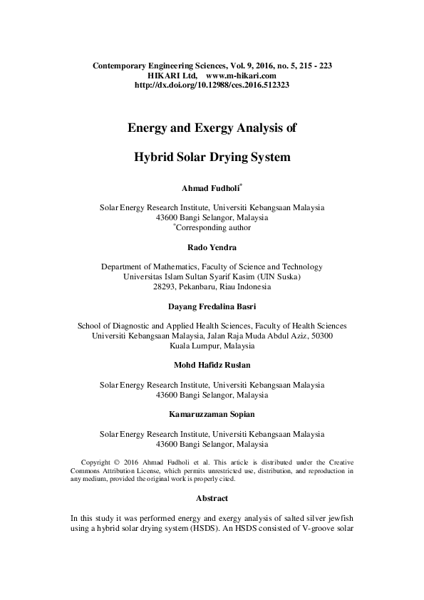 (PDF) Energy and exergy analysis of hybrid solar drying system