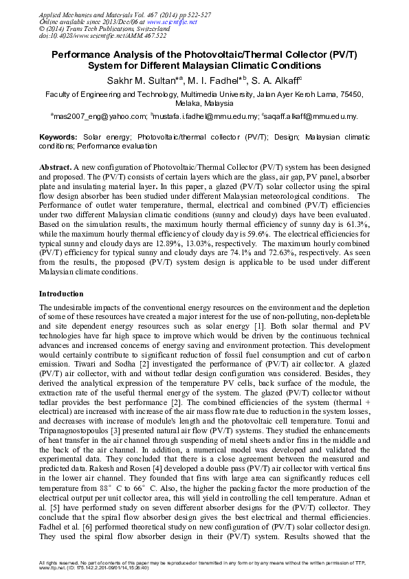 (PDF) Performance Analysis of the Photovoltaic/Thermal Collector (PV/T ...