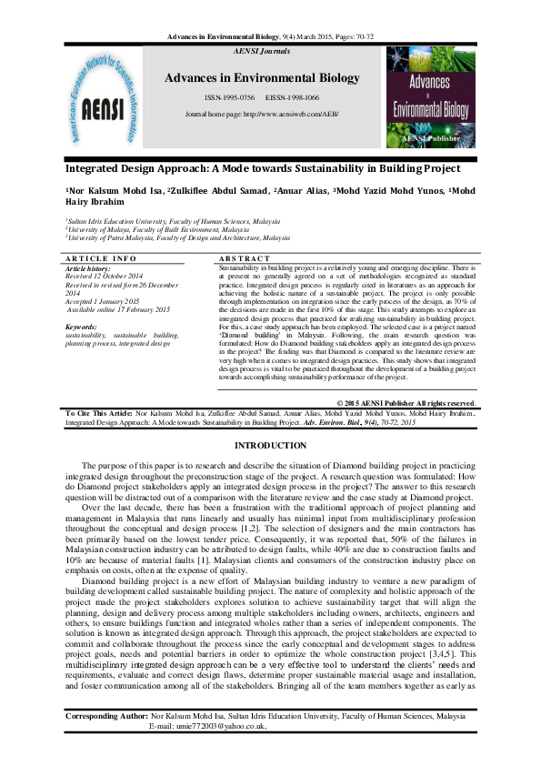 (PDF) Integrated Design Approach: A Mode towards Sustainability in ...