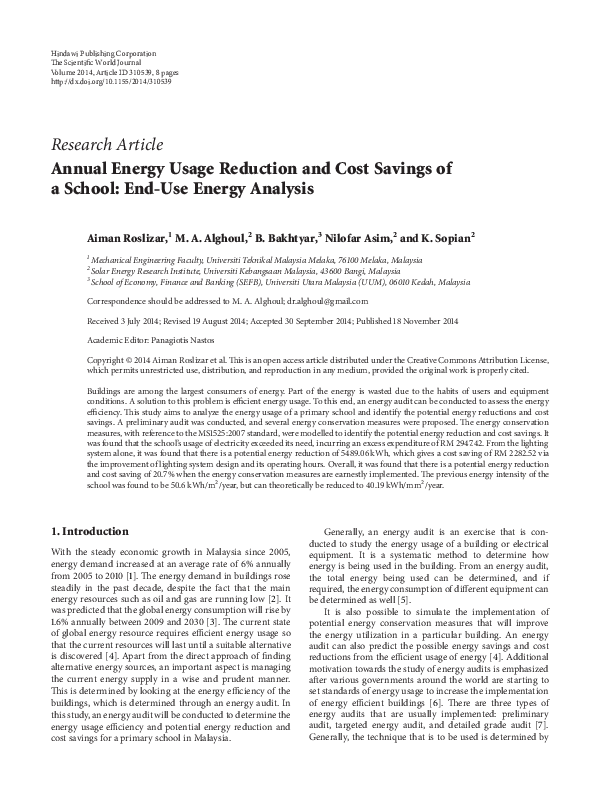 (PDF) Annual Energy Usage Reduction and Cost Savings of a School: End ...