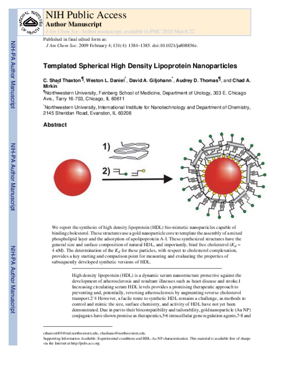 (PDF) Templated Spherical High Density Lipoprotein Nanoparticles