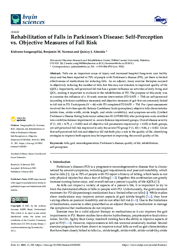 (PDF) Rehabilitation of Falls in Parkinson’s Disease: Self-Perception ...