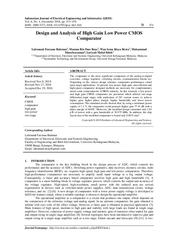 (PDF) Design and Analysis of High Gain Low Power CMOS Comparator