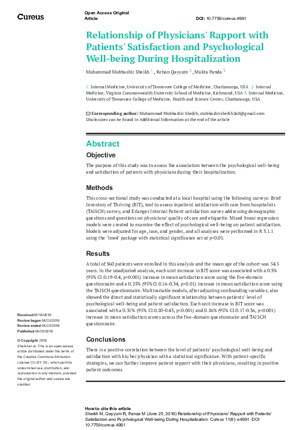 (PDF) Relationship of Physicians' Rapport with Patients' Satisfaction ...
