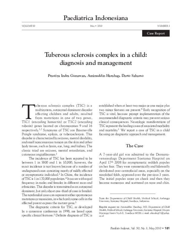 (PDF) Tuberous sclerosis complex in a child: diagnosis and management