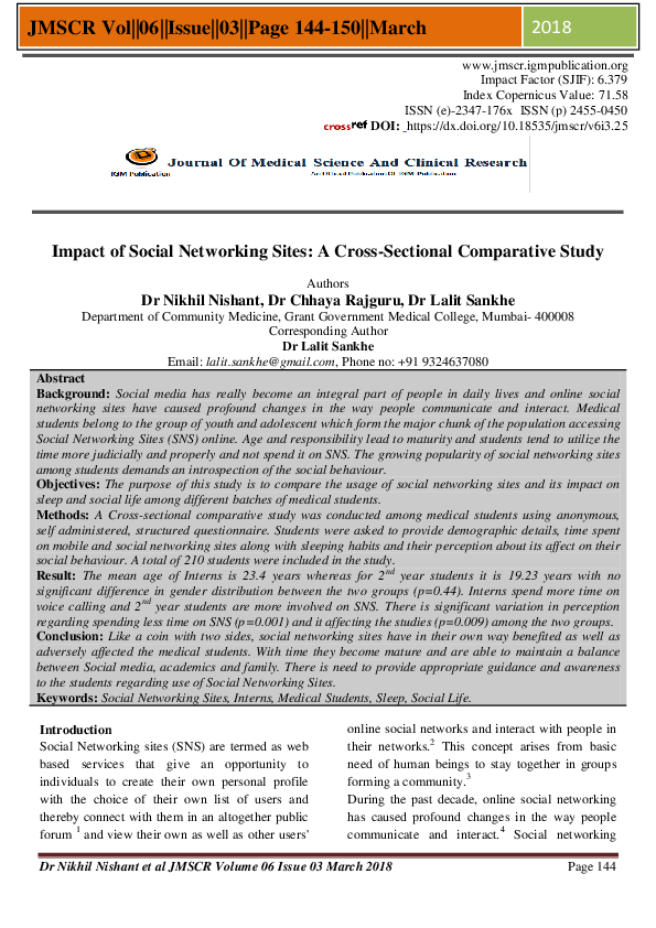 (PDF) Impact of Social Networking Sites: A Cross-Sectional Comparative ...