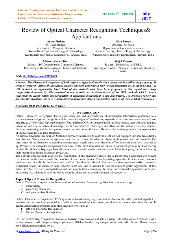 (PDF) Review of Optical Character Recognition Techniques Applications