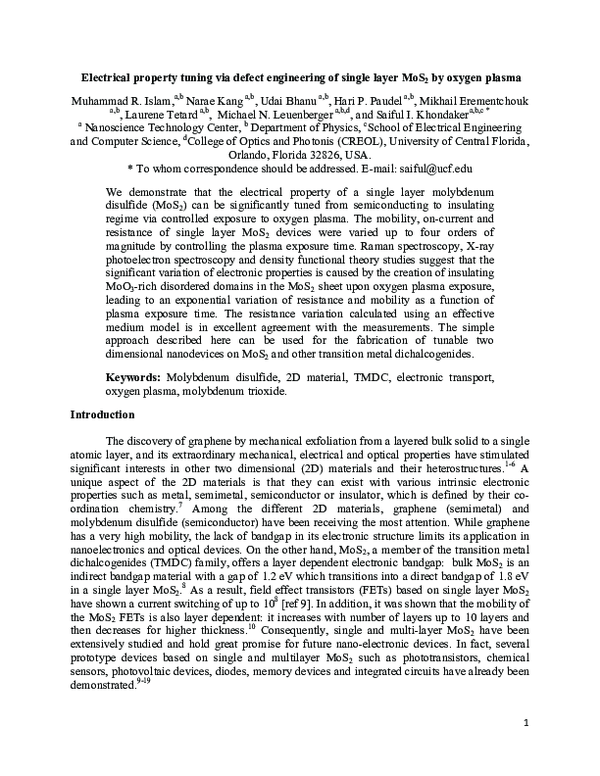 (PDF) Electrical property tuning via defect engineering of single layer ...