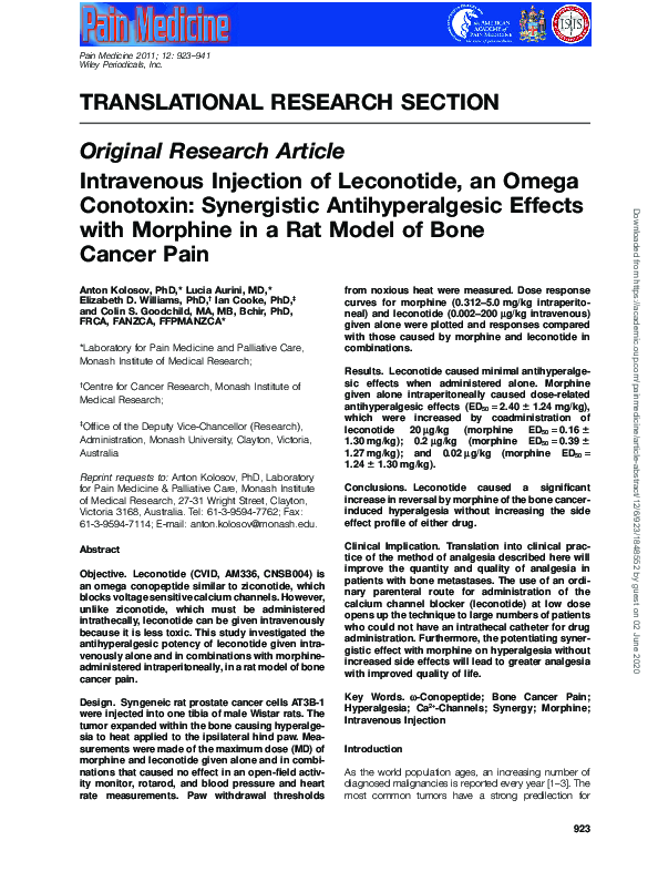 (PDF) Intravenous injection of leconotide, an omega conotoxin ...