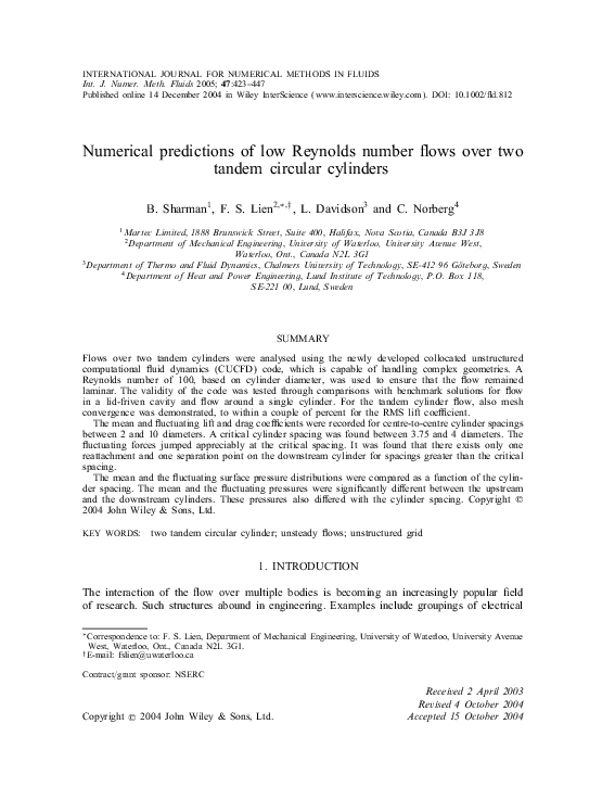 (PDF) Numerical predictions of low Reynolds number flows over two ...