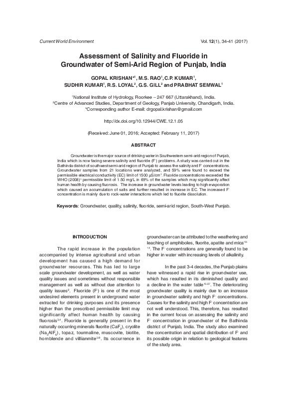 (PDF) Assessment of Salinity and Fluoride in Groundwater of Semi-Arid ...