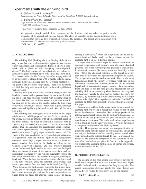 (PDF) Experiments with the drinking bird Rafael Valiente Academia.edu