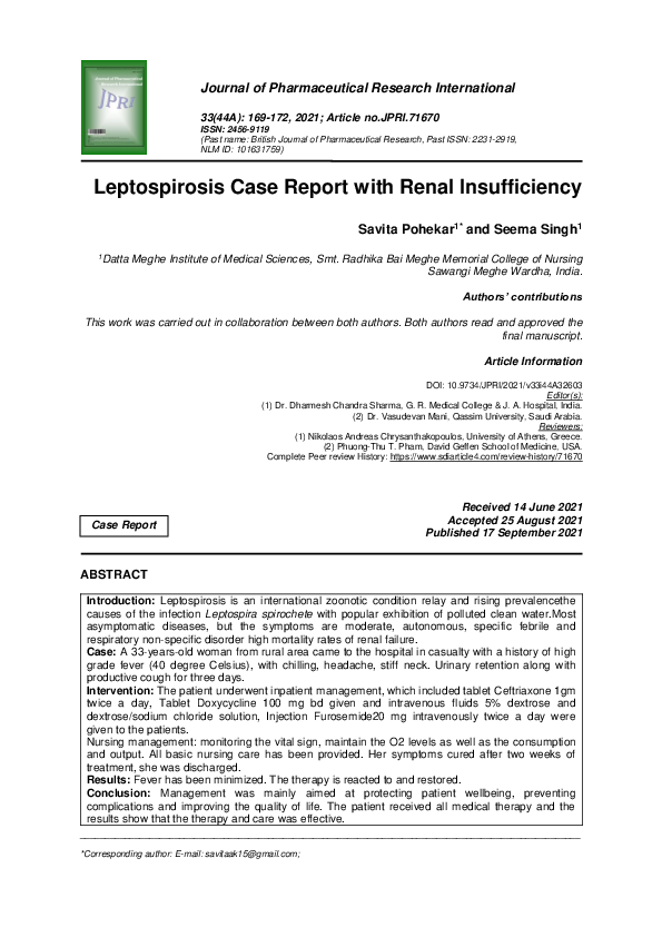 (PDF) Leptospirosis Case Report with Renal Insufficiency savita pohekar Academia.edu