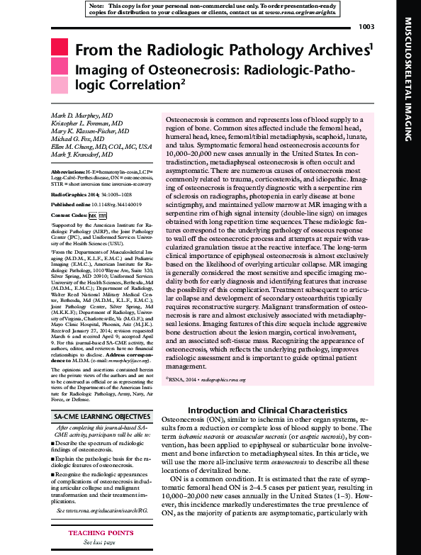 (PDF) From the Radiologic Pathology Archives Imaging of Osteonecrosis