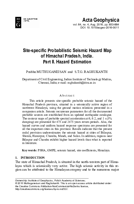 (PDF) Site-specific Probabilistic Seismic Hazard Map of Himachal ...