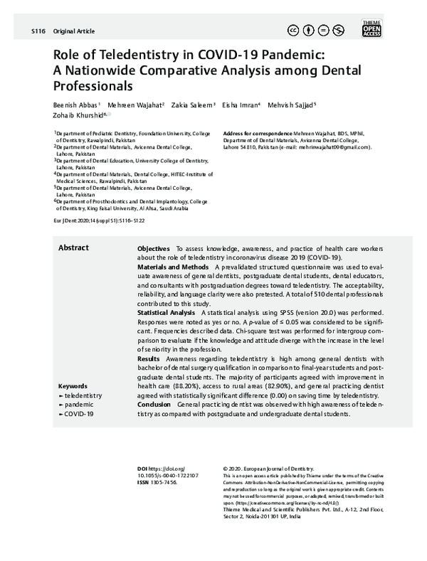 (PDF) Role of Teledentistry in COVID-19 Pandemic: A Nationwide ...