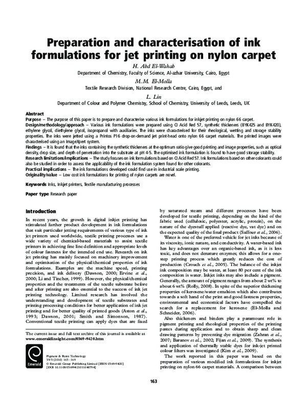 (PDF) Preparation and characterisation of ink formulations for jet printing on nylon carpet