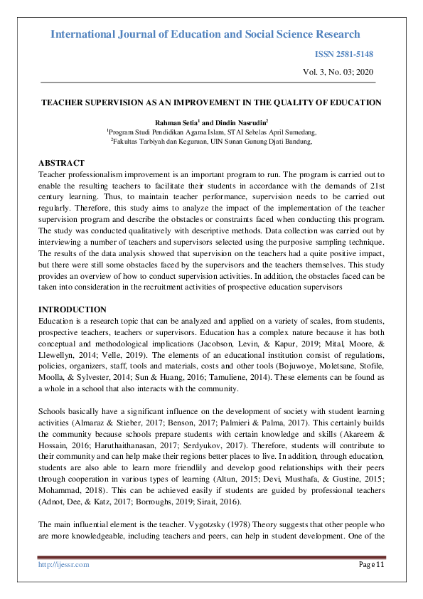 (PDF) Teacher Supervision as an Improvement in the Quality of Education