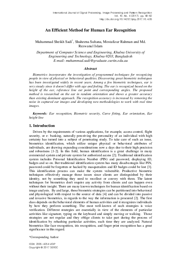 (PDF) An Efficient Method for Human Ear Recognition