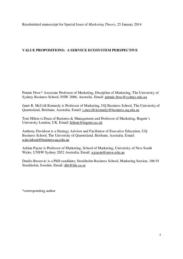 (PDF) Value propositions A service ecosystems perspective
