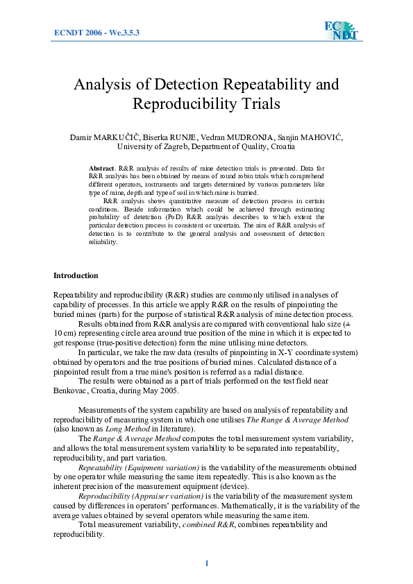 (PDF) Analysis of Detection Repeatability and Reproducibility Trials