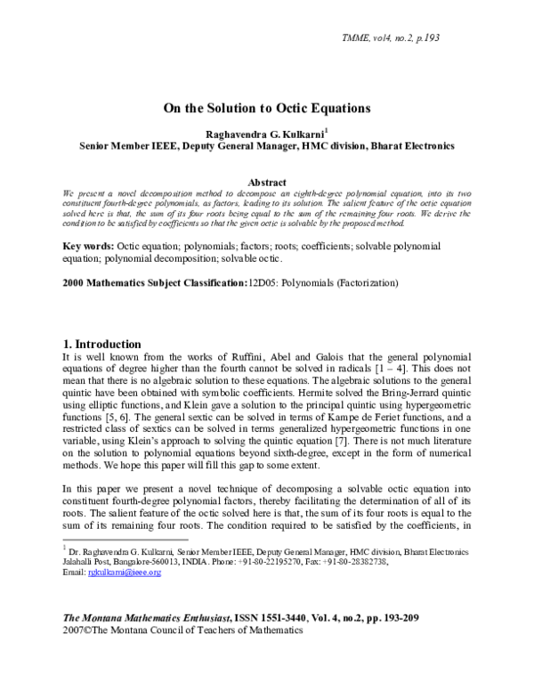 (PDF) On the Solution to Octic Equations