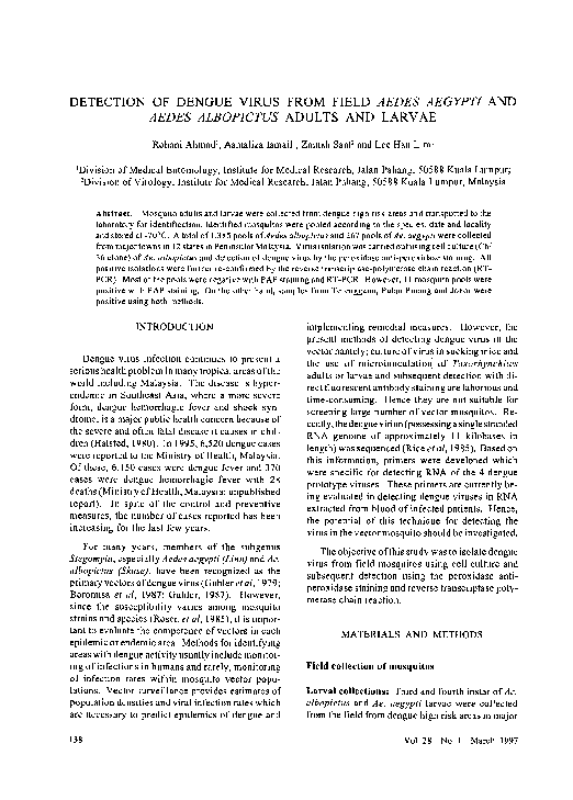 (PDF) Detection of dengue virus from field Aedes aegypti and Aedes ...