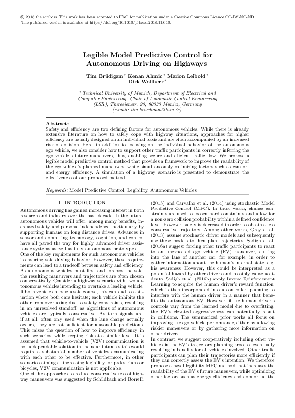 (PDF) Legible Model Predictive Control for Autonomous Driving on Highways