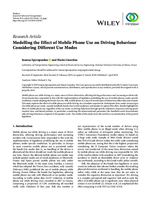 (PDF) Modelling the Effect of Mobile Phone Use on Driving Behaviour ...