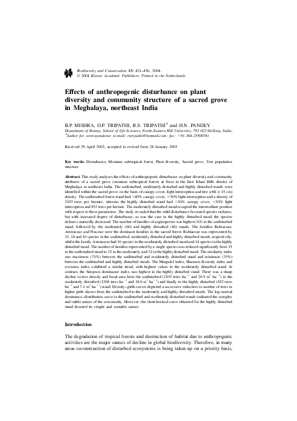 (PDF) Effects of anthropogenic disturbance on plant diversity and ...