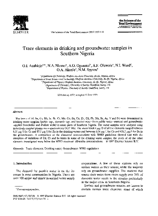 (PDF) Trace elements in drinking and groundwater samples in Southern ...