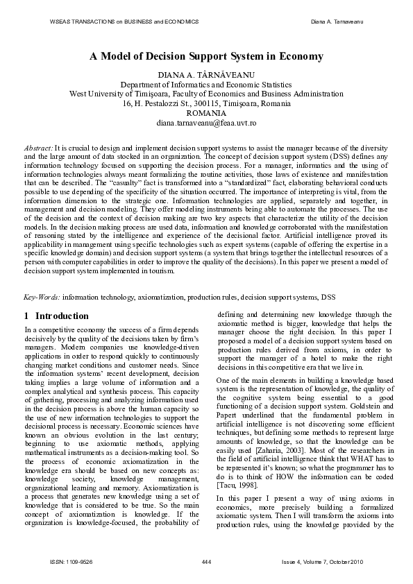 (PDF) A Model of Decision Support System in Economy