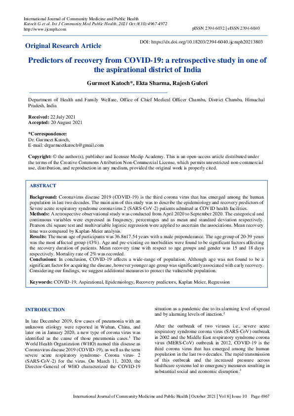 (PDF) Predictors of recovery from COVID-19: a retrospective study in ...