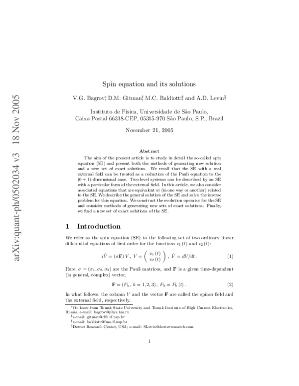 (PDF) Spin equation and its solutions