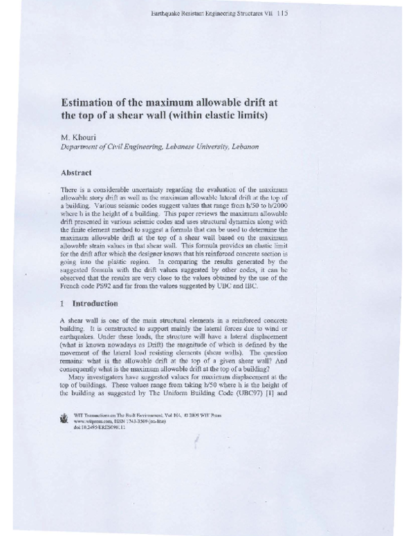 (PDF) Estimation of the maximum allowable drift at the top of a shear ...
