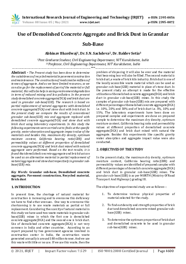 (PDF) IRJET- Use of Demolished Concrete Aggregate and Brick Dust in ...