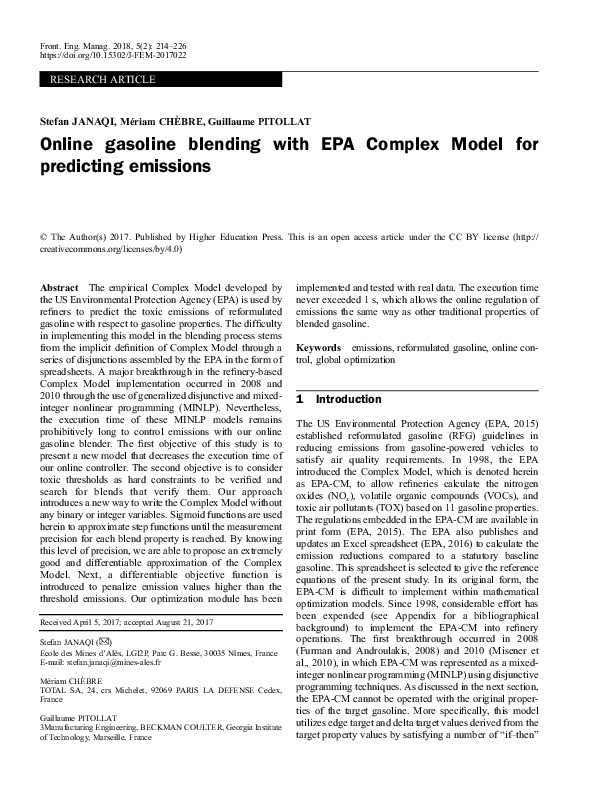 (PDF) Online gasoline blending with EPA Complex Model for predicting ...